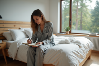 Femme en pyjama gris journaling au lit en matinée