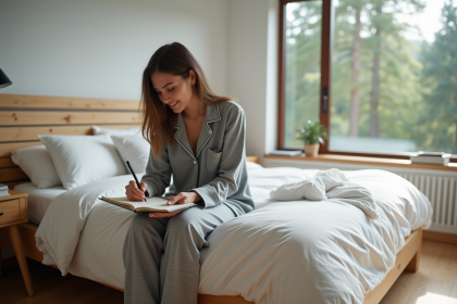 Femme en pyjama gris journaling au lit en matin&eacute;e
