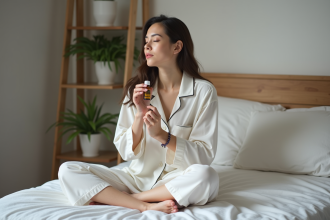 Jeune femme en pyjama détendu avec huile de lavande