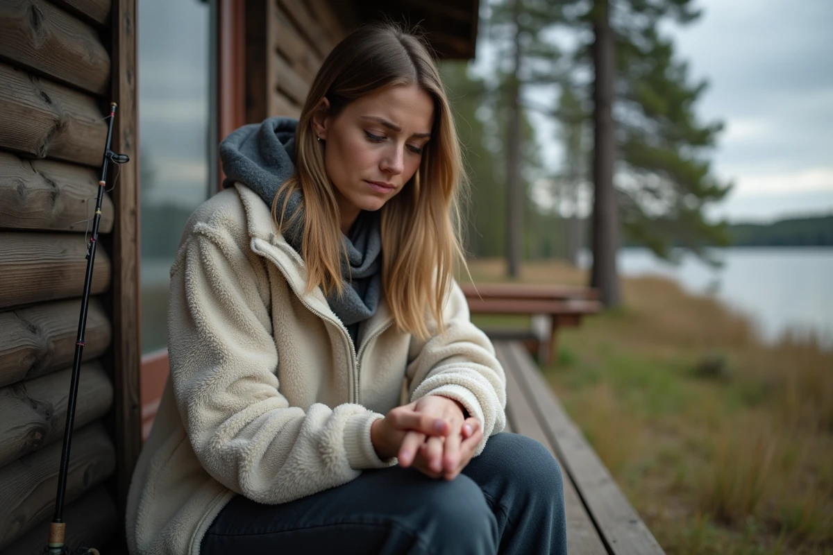 Femme examinant sa main bandée après une morsure de brochet lors d'une session de pêche au bord d'un lac