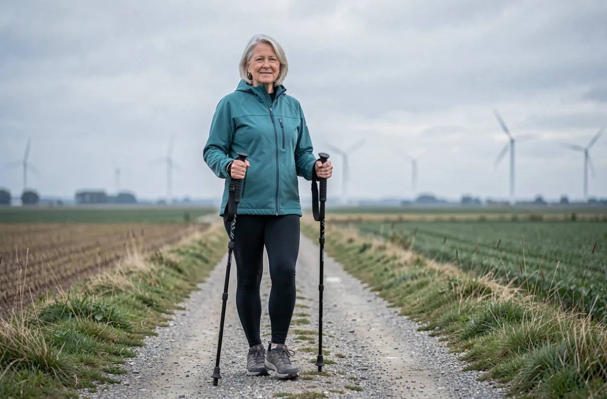 Femme senior faisant de la marche nordique sur un chemin rural dans la campagne des Hauts-de-France