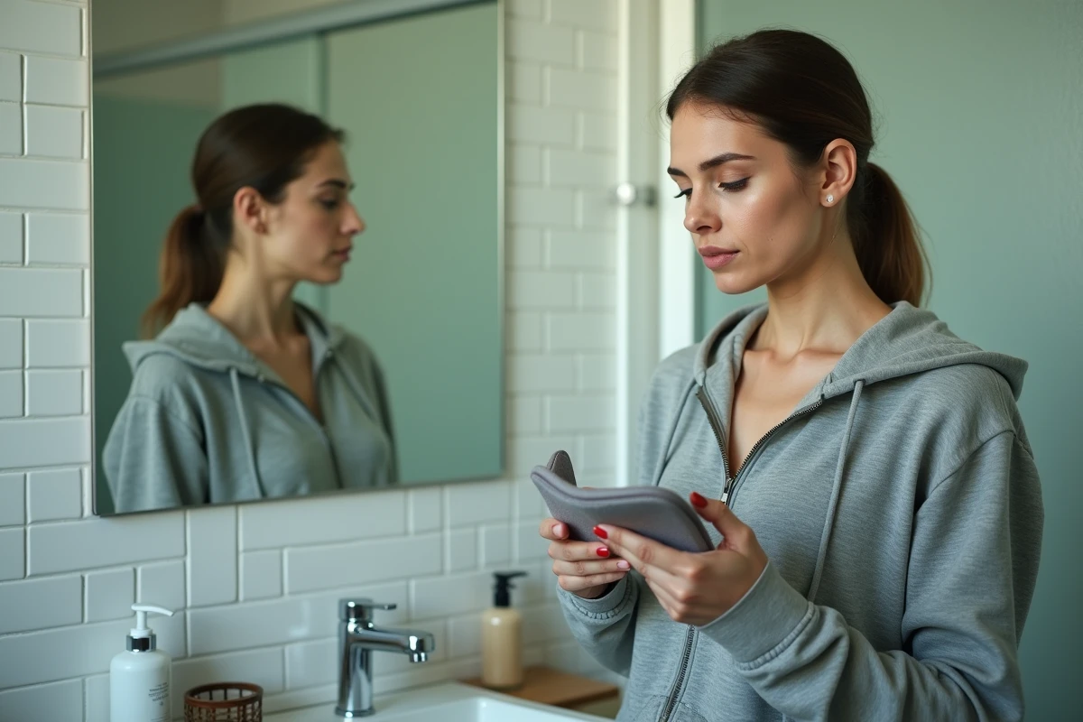 Femme inspectant un masque anti-migraine laissé dans une salle de bain humide, illustrant une erreur courante de conservation du masque migraines