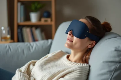 Femme portant un masque anti-migraine mal ajusté sur les yeux, allongée sur un canapé en lin gris, illustrant les erreurs d'utilisation d'un masque migraines