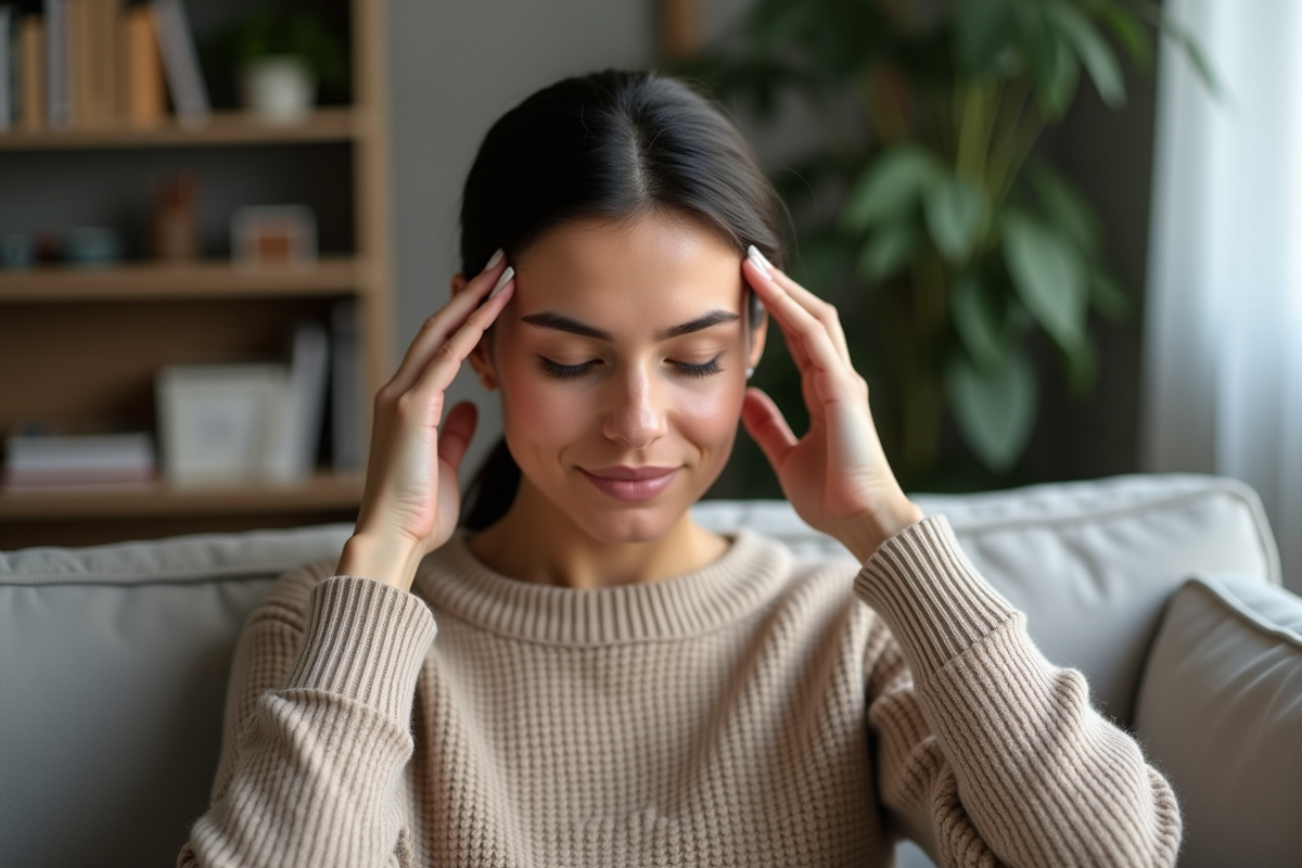 Femme se massant le cuir chevelu dans un salon cosy