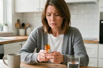 Femme d'une cinquantaine d'années lisant attentivement la notice d'un médicament antidépresseur dans sa cuisine