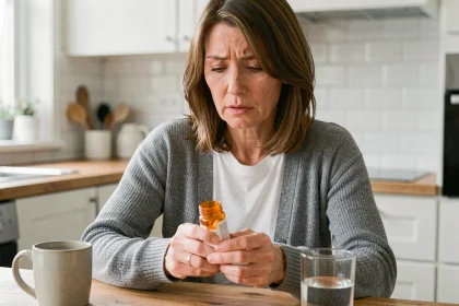 Femme d'une cinquantaine d'années lisant attentivement la notice d'un médicament antidépresseur dans sa cuisine