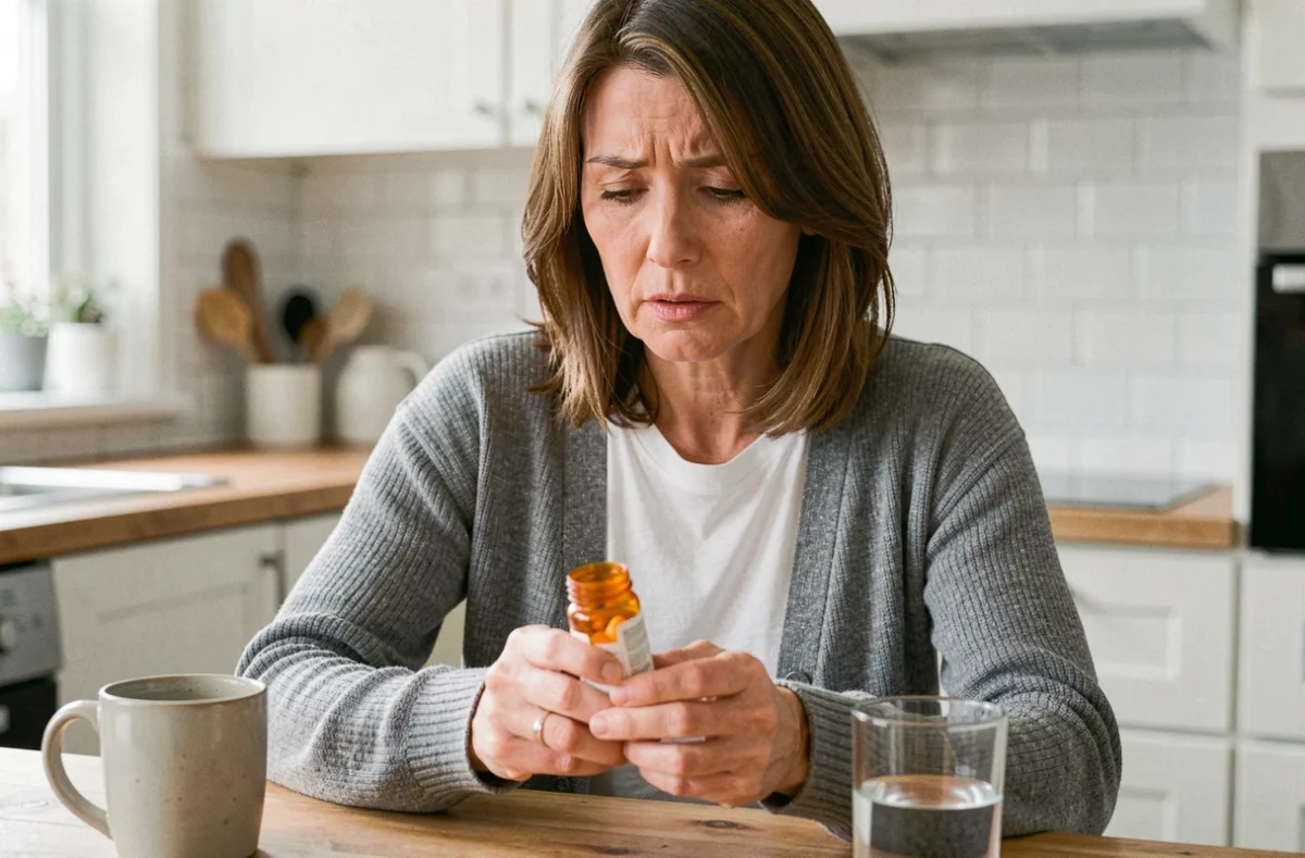 Femme d'une cinquantaine d'années lisant attentivement la notice d'un médicament antidépresseur dans sa cuisine