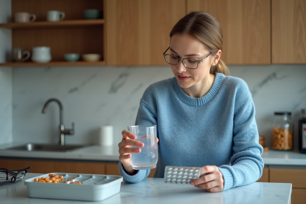 Femme tenant médicaments dans une cuisine moderne