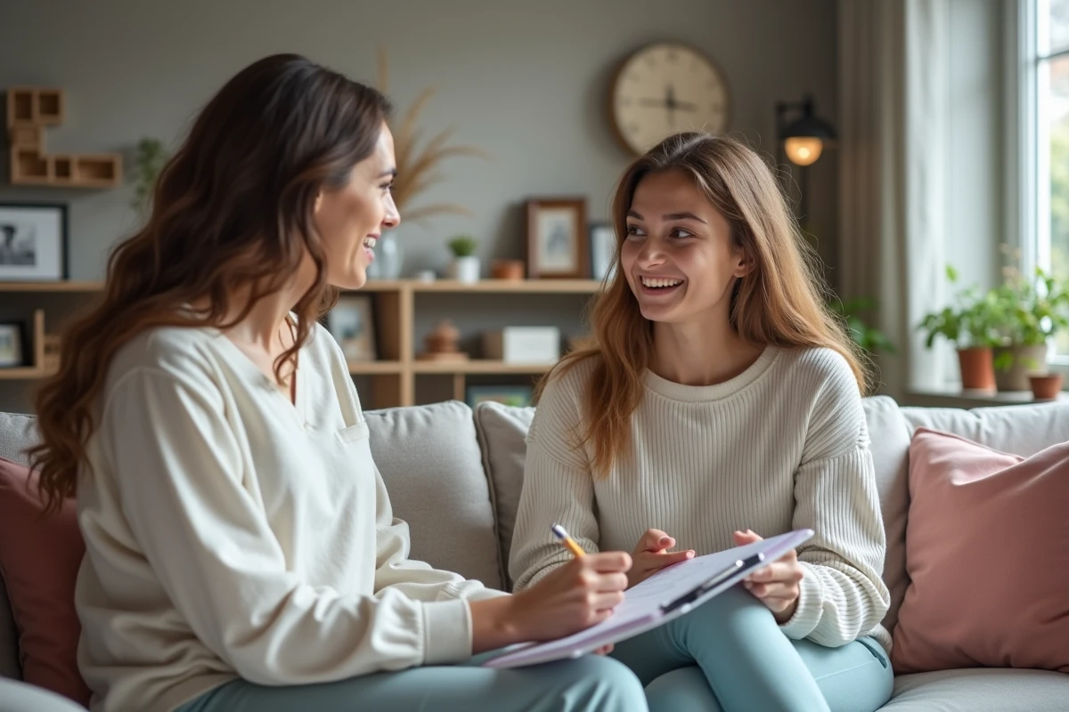 Mere et osteopathe discutant dans un salon accueillant