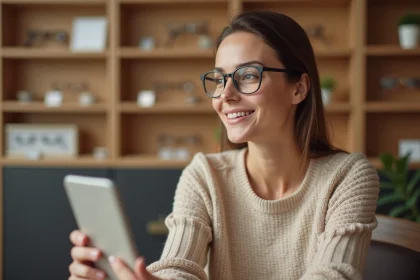 Femme essayant des montures de lunettes fines chez un opticien pour optimiser l'épaisseur de ses verres