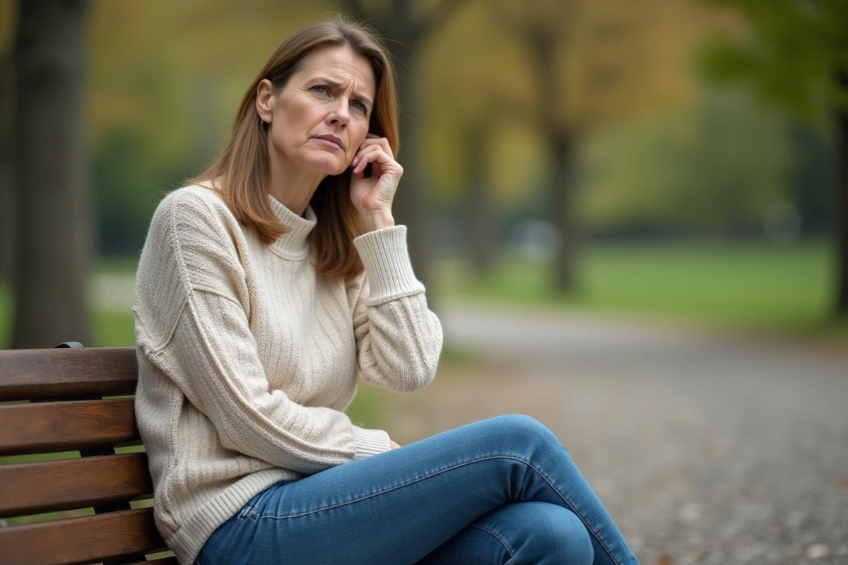 Femme assise dans un parc avec expression préoccupée