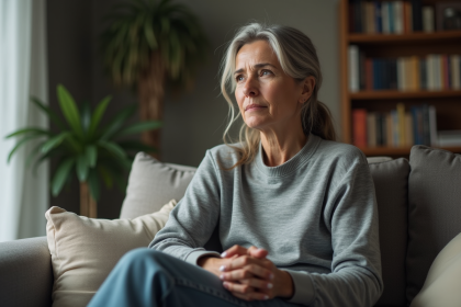 Femme pensive assise dans un salon cosy
