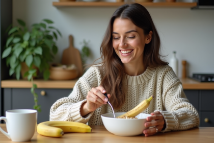 Femme souriante préparant un petit déjeuner à la maison