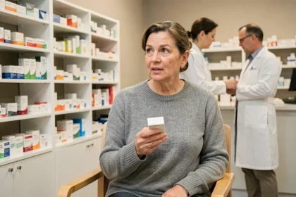 Femme d'âge mûr tenant une boîte de cortisone en pharmacie, s'informant auprès d'un pharmacien sur les délais d'action du médicament contre la douleur