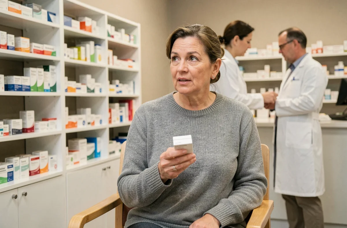 Femme d'âge mûr tenant une boîte de cortisone en pharmacie, s'informant auprès d'un pharmacien sur les délais d'action du médicament contre la douleur