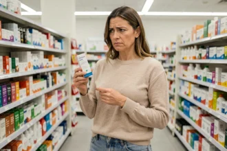 Femme dans une pharmacie tenant une boîte de patchs minceur avec une expression dubitative, illustrant l'avis sur Purisaki