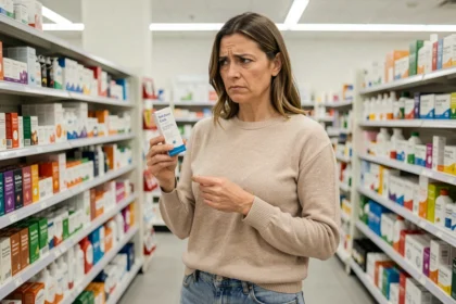 Femme dans une pharmacie tenant une boîte de patchs minceur avec une expression dubitative, illustrant l'avis sur Purisaki