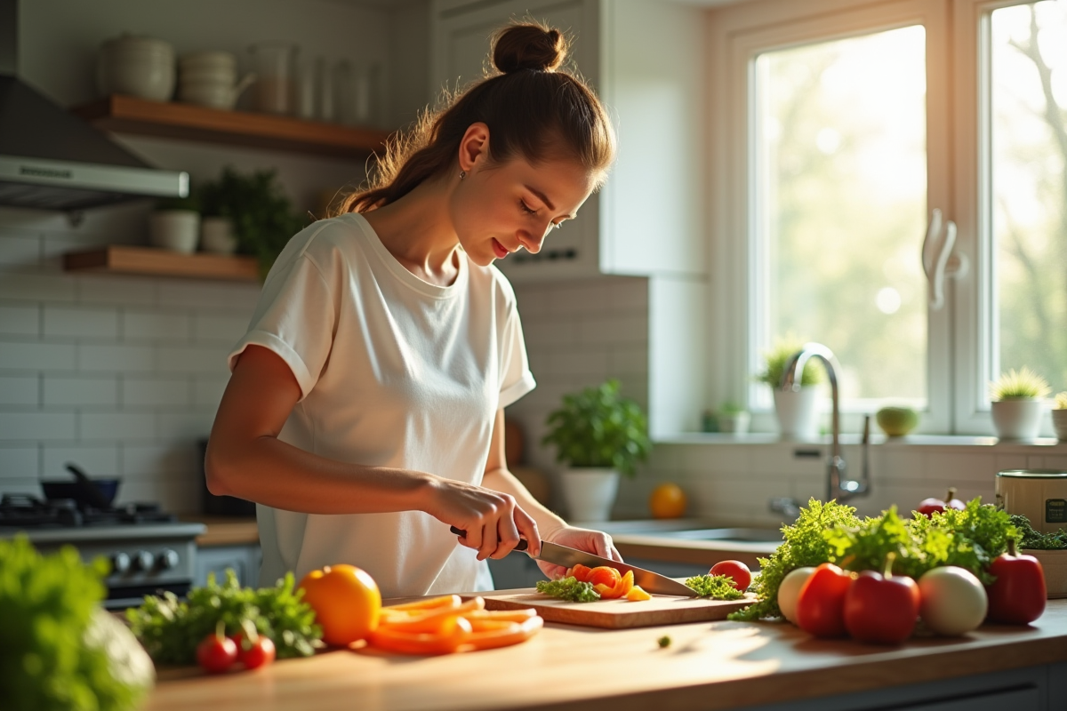 Jeune femme préparant une salade dans une cuisine lumineuse