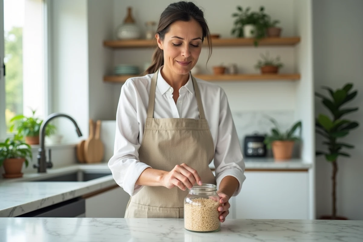 Femme préparant du riz complet dans une cuisine moderne, associant alimentation saine et gestion du cholestérol
