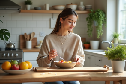 Femme en cuisine pr&eacute;parant un bol de fruits frais