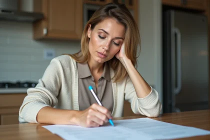 Femme concentr&eacute;e remplissant des papiers &agrave; la maison