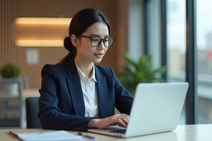 Femme professionnelle en bureau moderne avec ordinateur