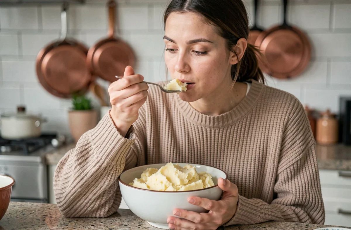 Femme tenant un bol de purée maison réconfortante après une extraction de dent le soir