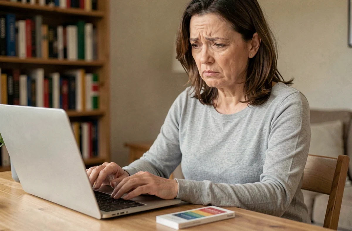 Femme d'âge mûr assise devant un ordinateur portable avec des patchs minceur sur le bureau, cherchant des avis sincères sur Purisaki