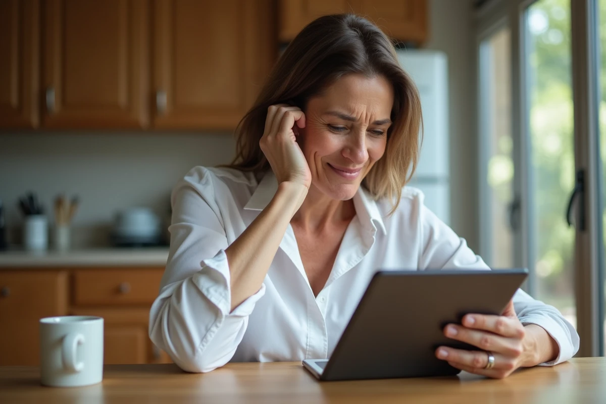 Femme &agrave; la maison recherche sympt&ocirc;mes sur tablette