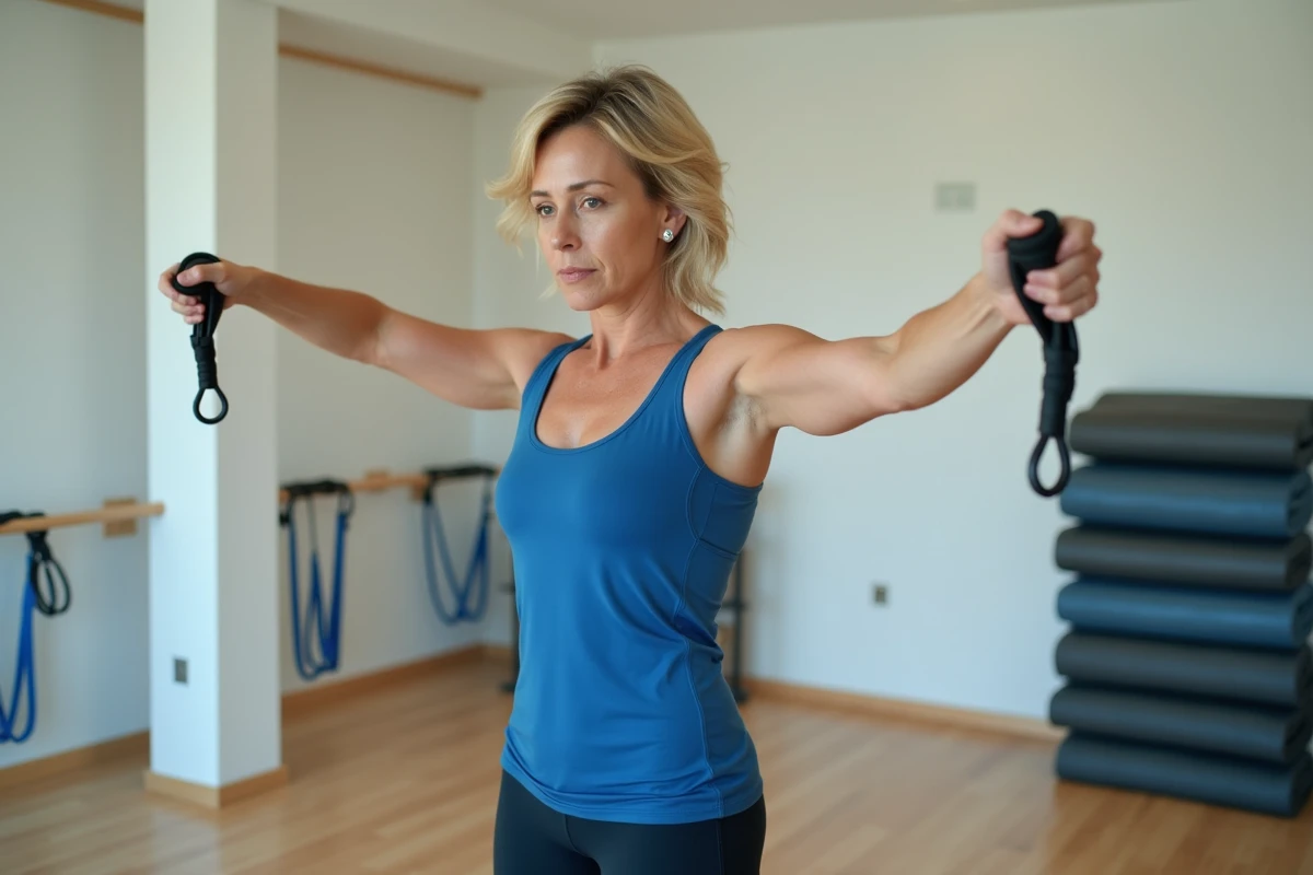 Femme effectuant un exercice de rééducation de l'épaule avec élastique pour traiter une fissure du tendon supra épineux sans opération