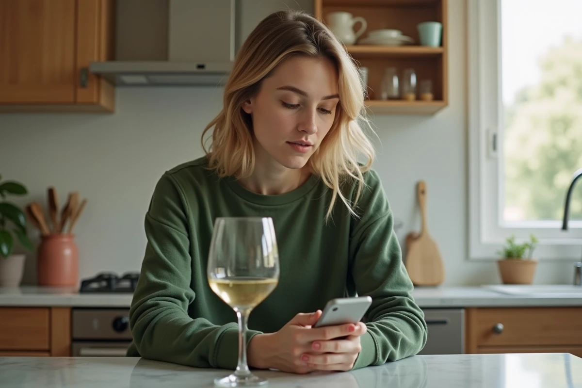 Jeune femme pensant assise à une table de cuisine avec verre de vin
