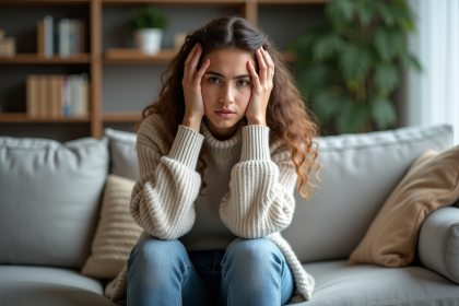 Jeune femme assise sur un canap&eacute; moderne en int&eacute;rieur