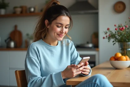 Femme assise à la cuisine vérifiant son smartphone