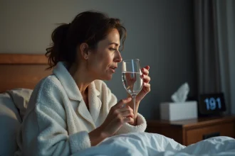 Femme d'âge moyen buvant de l'eau pour calmer une toux nocturne
