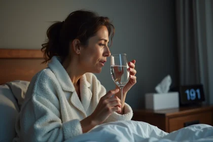 Femme d'&acirc;ge moyen buvant de l'eau pour calmer une toux nocturne