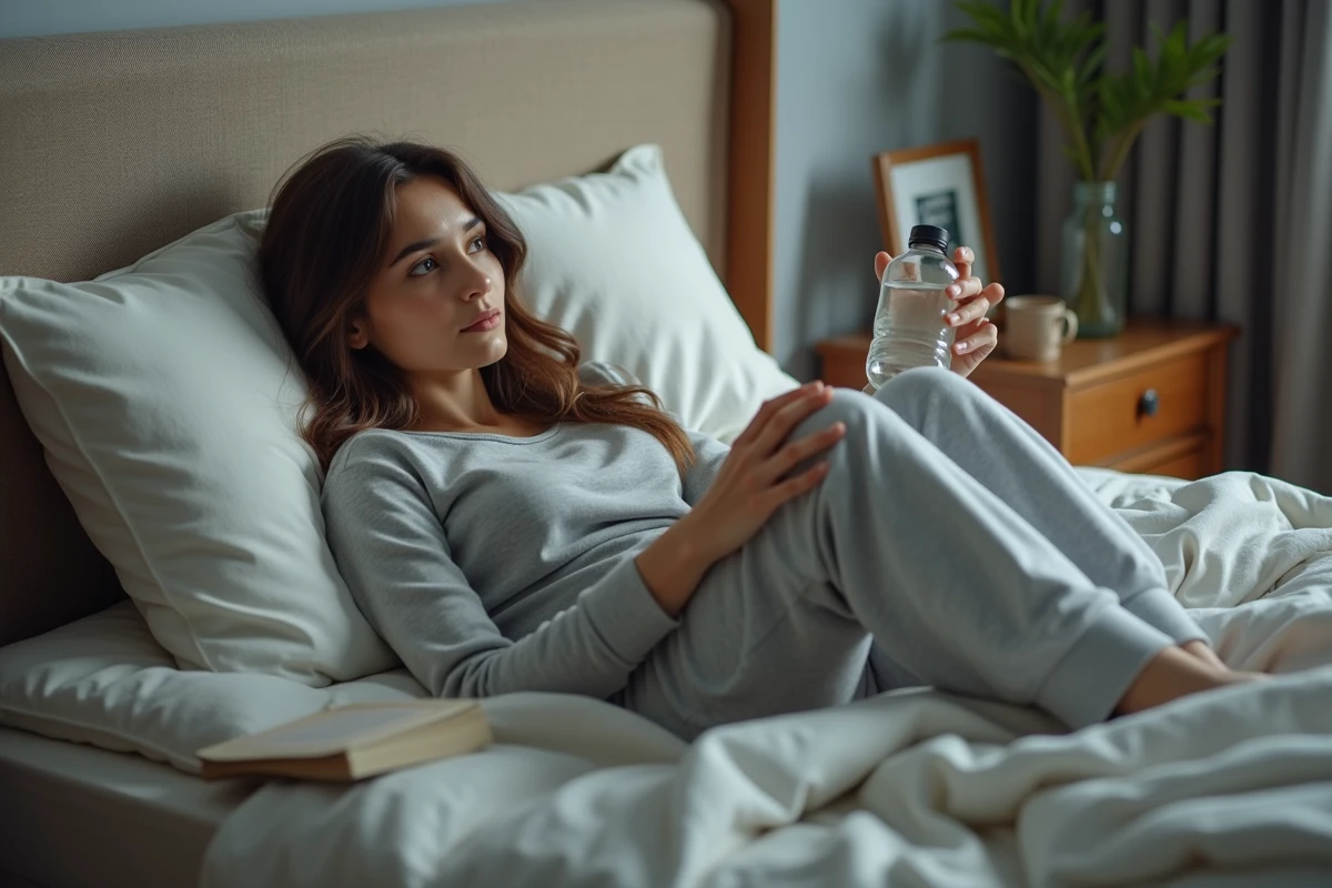Jeune femme d&eacute;tendue dans son lit avec un verre d