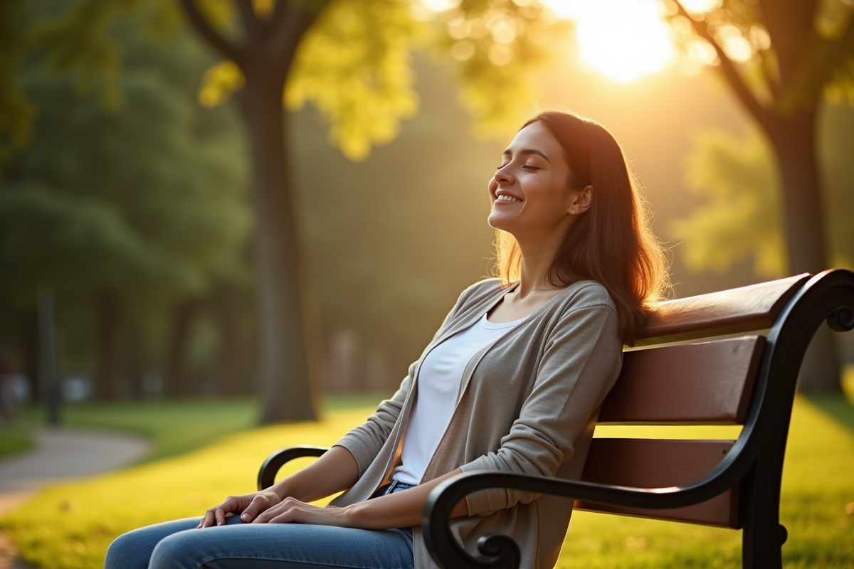 Femme détendue assise sur un banc dans un parc en matinée