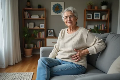 Femme retrait&eacute;e assise sur un canap&eacute; dans un salon moderne