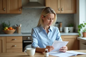 Femme lisant une brochure dans la cuisine chaleureuse