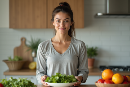 Jeune femme préparant une salade dans une cuisine moderne
