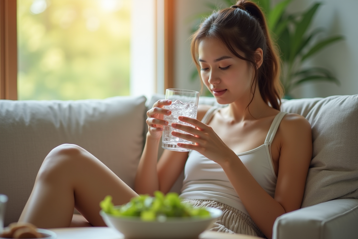 Jeune femme assise avec une salade et une eau fraîche