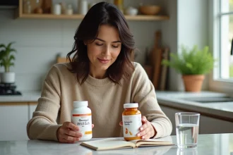 Femme examine deux compléments Guggul à la maison