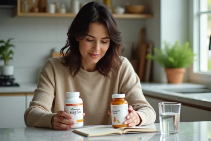 Femme examine deux compl&eacute;ments Guggul &agrave; la maison