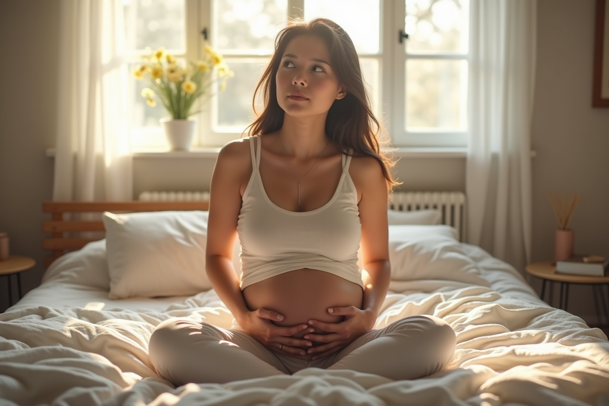 Jeune femme assise sur un lit dans une chambre lumineuse