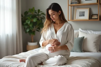 Femme assise sur le lit touche son ventre dans une chambre moderne
