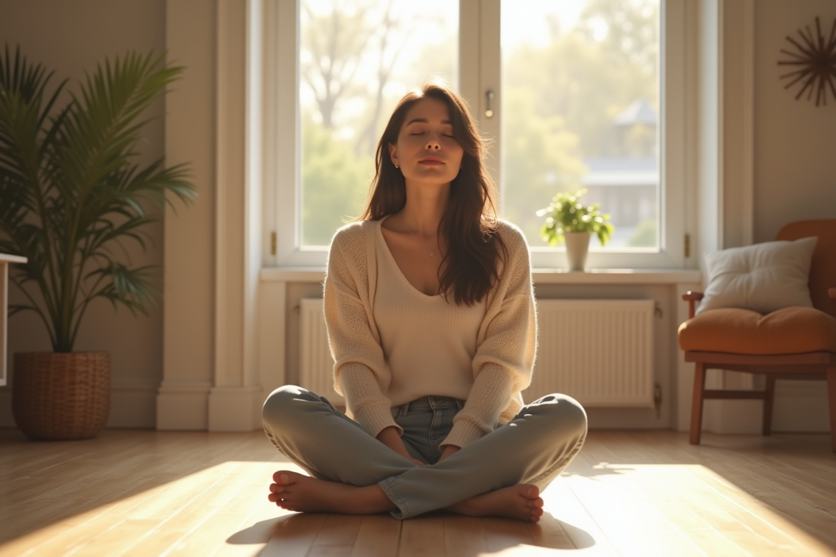 Jeune femme assise en tailleur dans un salon lumineux