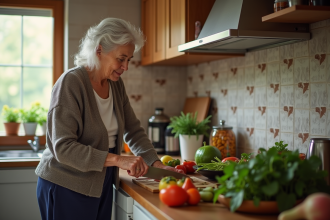 Femme âgée en cuisine préparant des légumes frais