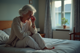 Femme âgée assise sur le lit avec un regard doux