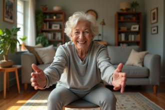 Femme senior faisant des squats assise dans son salon