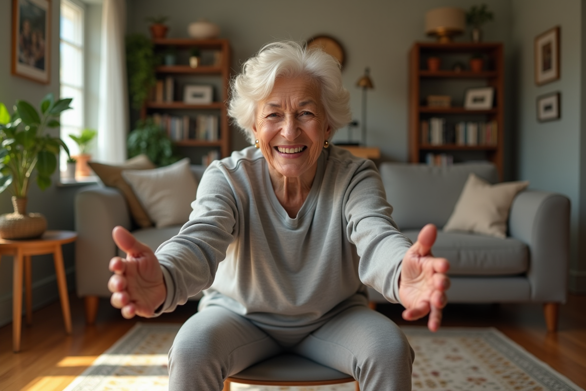 Femme senior faisant des squats assise dans son salon